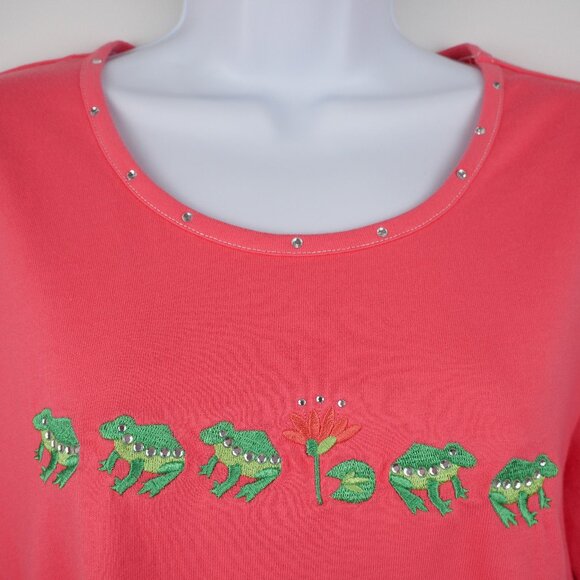 Quacker Factory Shorts Shirt SET Womens Medium Coral Embroidered 100% Cotton - Picture 9 of 16